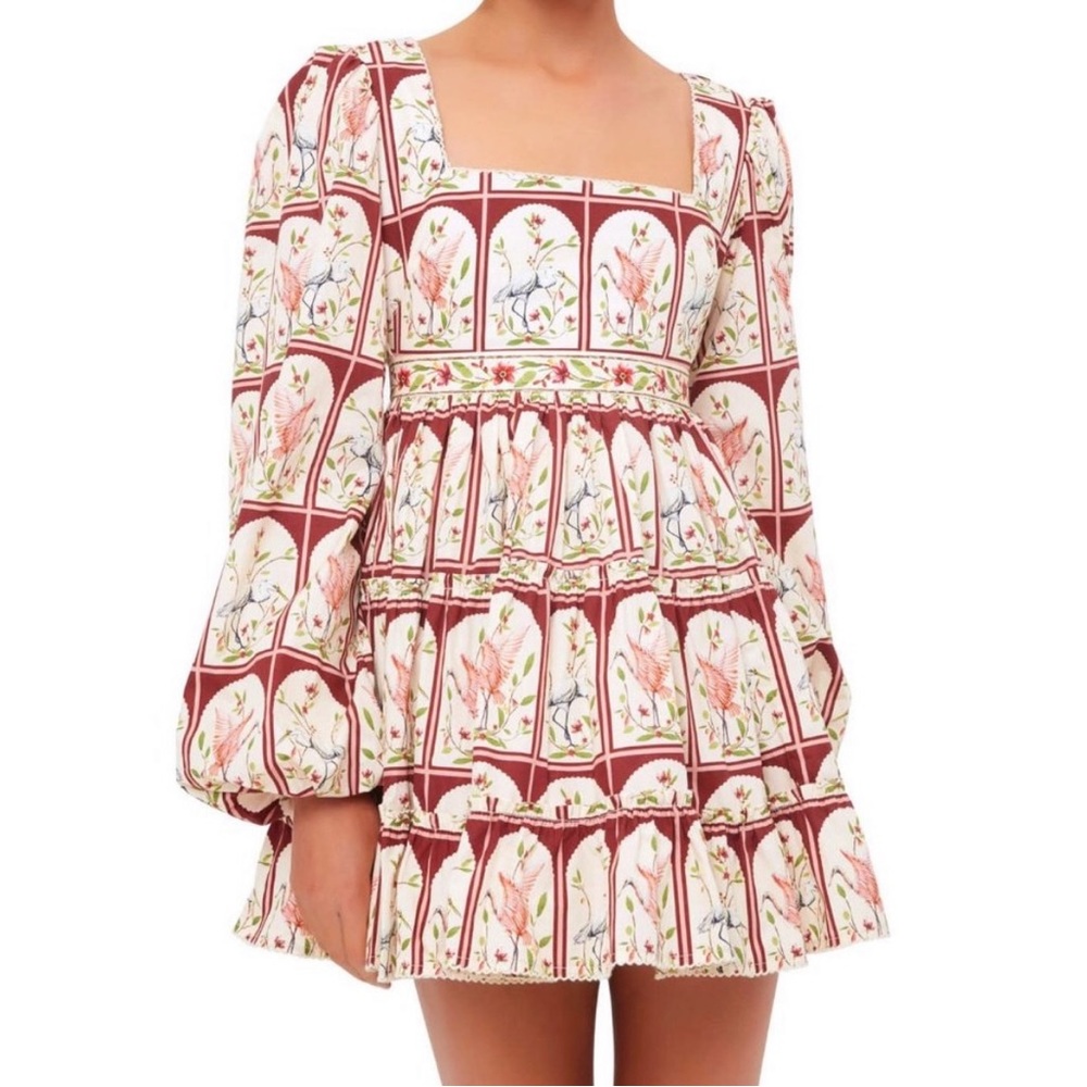 Agua Bendita Avena Garza Bird Heron Mini Dress Red Floral Tile Print M NWT